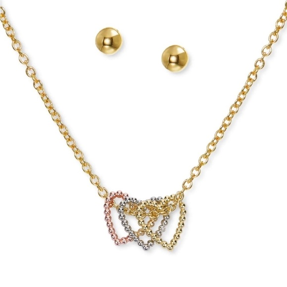NWT CHARTER CLUB GOLD TONE STUD EARRINGS & TRI-TONE HEART NECKLACE - Picture 5 of 11